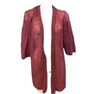 Eileen Fisher Lightweight Mohair Knit Open Front Sweater 3/4 Sleeves Wine Fall M